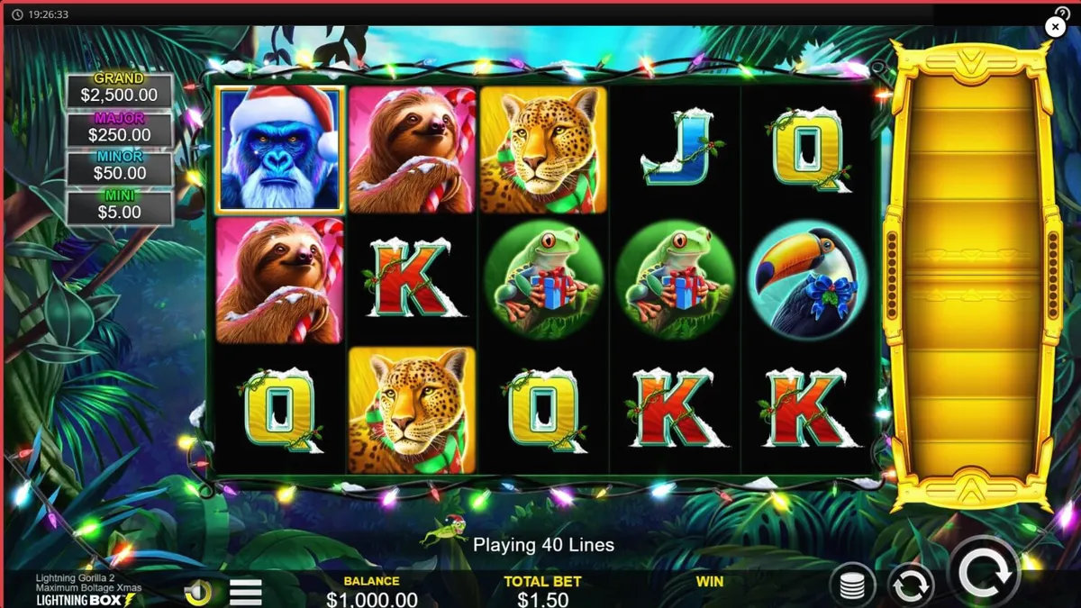 Lightning Gorilla 2 Xmas slot machine featuring festive jungle theme