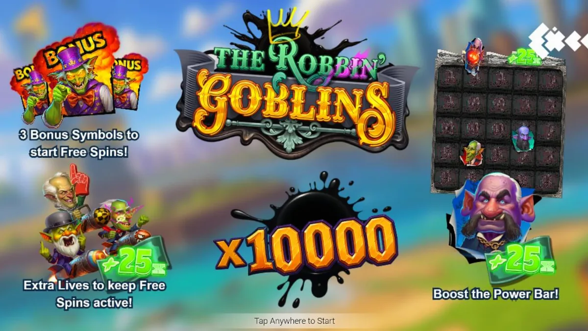 Tampilan visual slot Robbin Goblins dengan tema goblin yang penuh ledakan